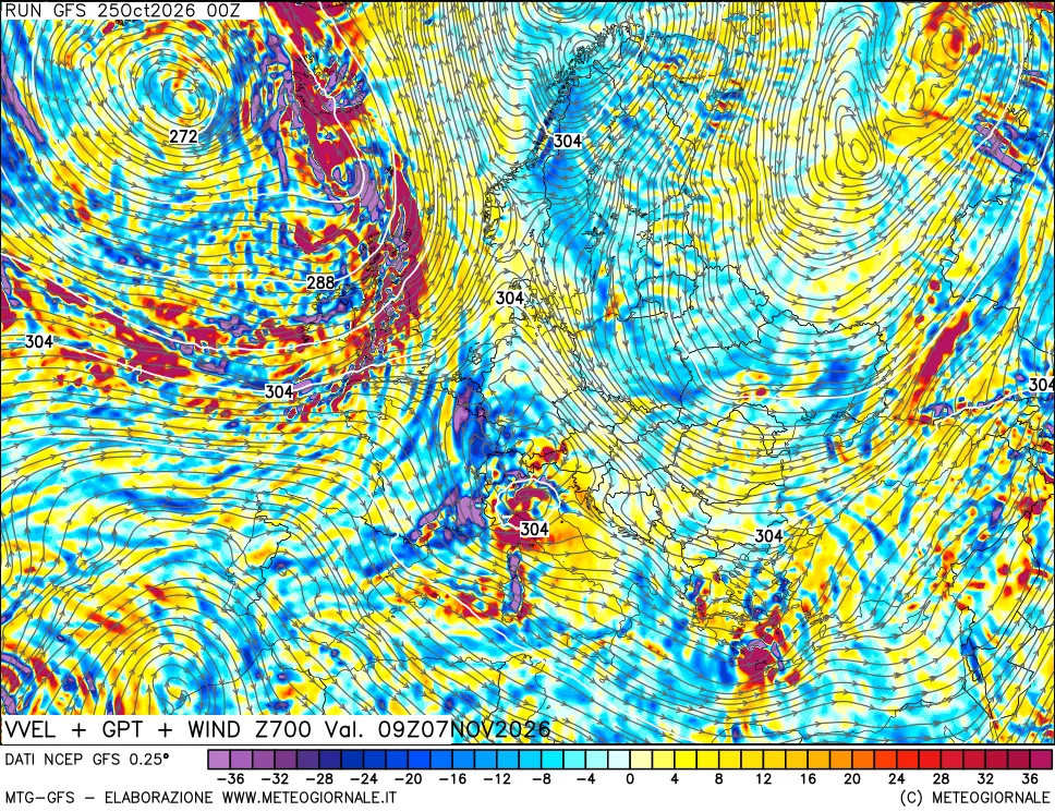 mappa 700 hPa Velocità verticiali + GPT + Vento