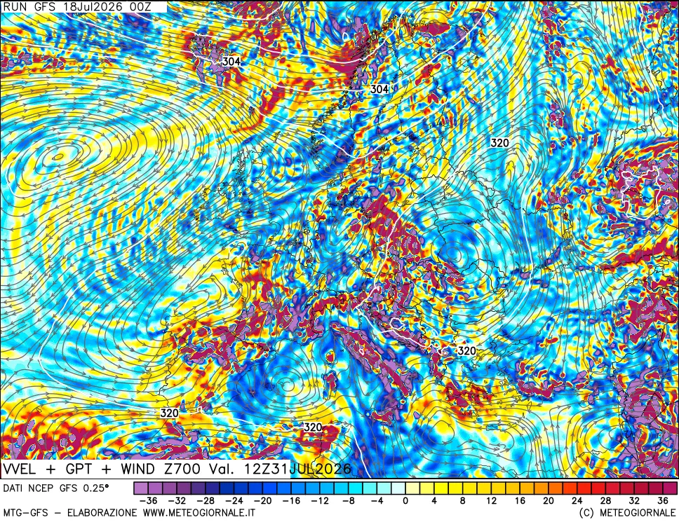 mappa 700 hPa Velocità verticiali + GPT + Vento