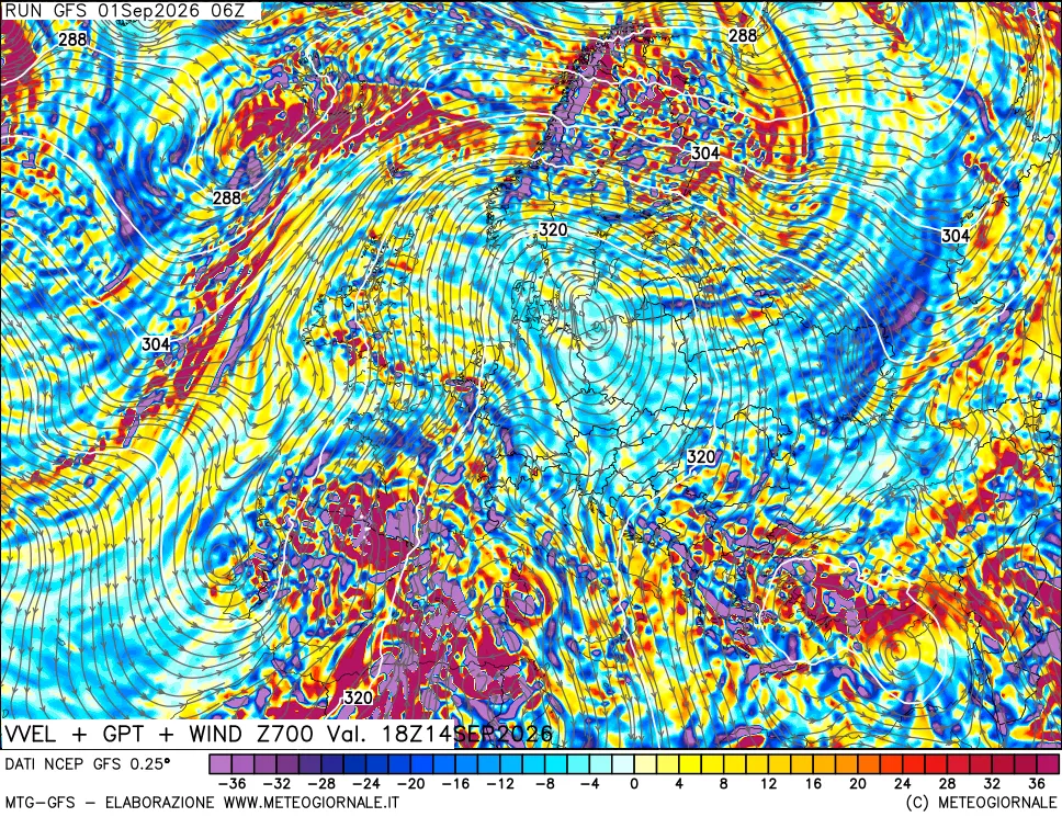 mappa 700 hPa Velocità verticiali + GPT + Vento
