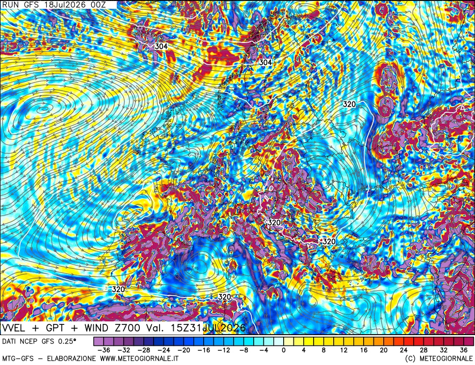 mappa 700 hPa Velocità verticiali + GPT + Vento