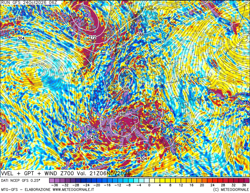 mappa 700 hPa Velocità verticiali + GPT + Vento