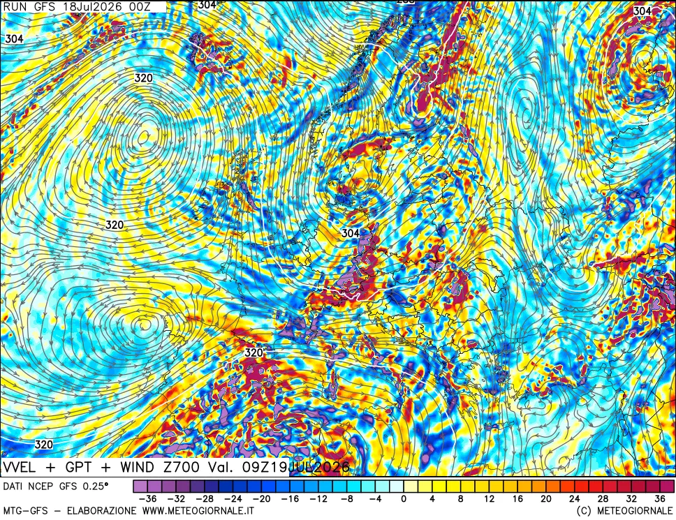 mappa 700 hPa Velocità verticiali + GPT + Vento
