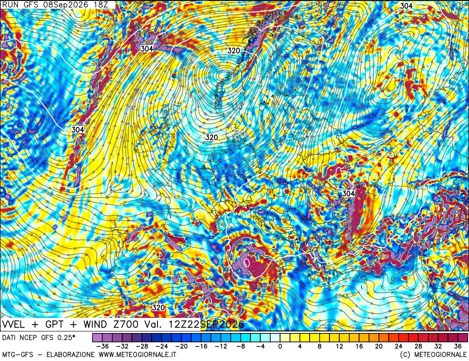 mappa 700 hPa Velocità verticiali + GPT + Vento