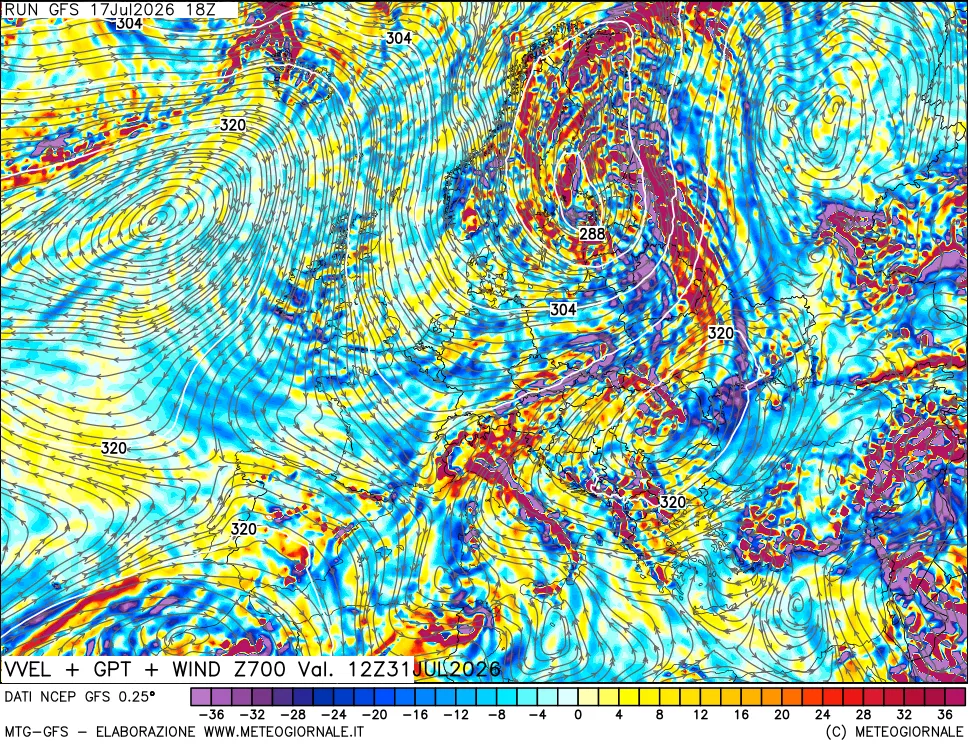 mappa 700 hPa Velocità verticiali + GPT + Vento