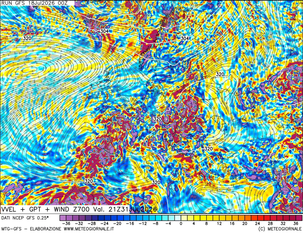 mappa 700 hPa Velocità verticiali + GPT + Vento
