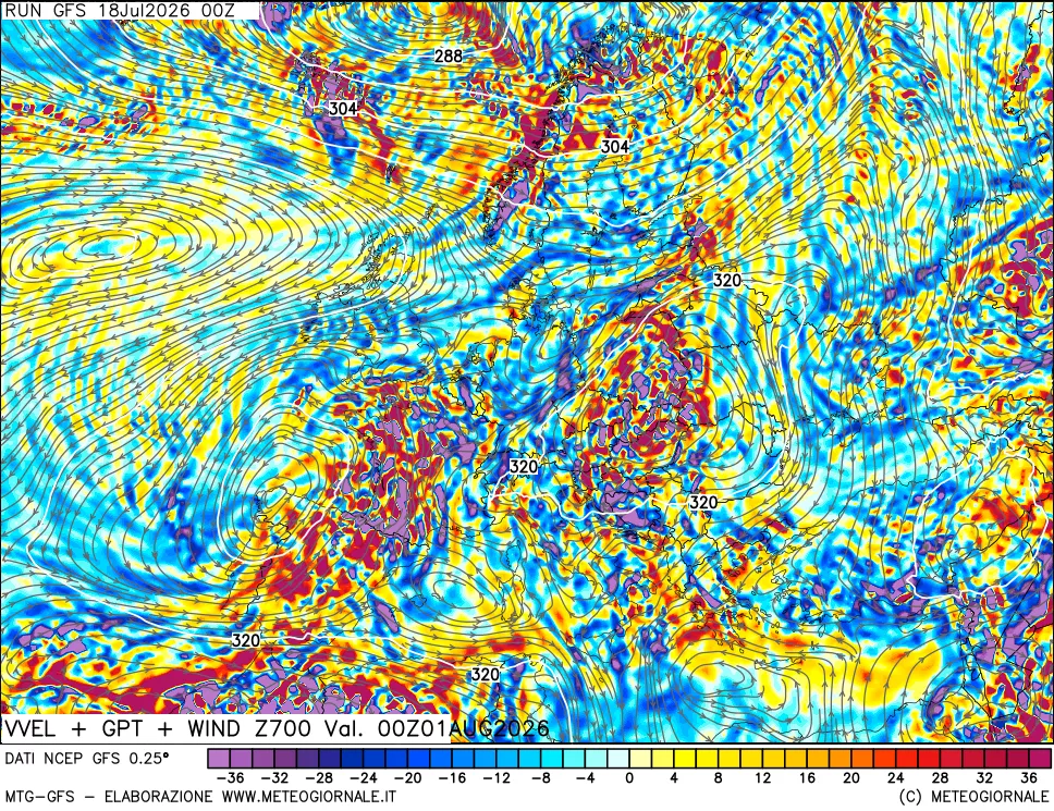 mappa 700 hPa Velocità verticiali + GPT + Vento