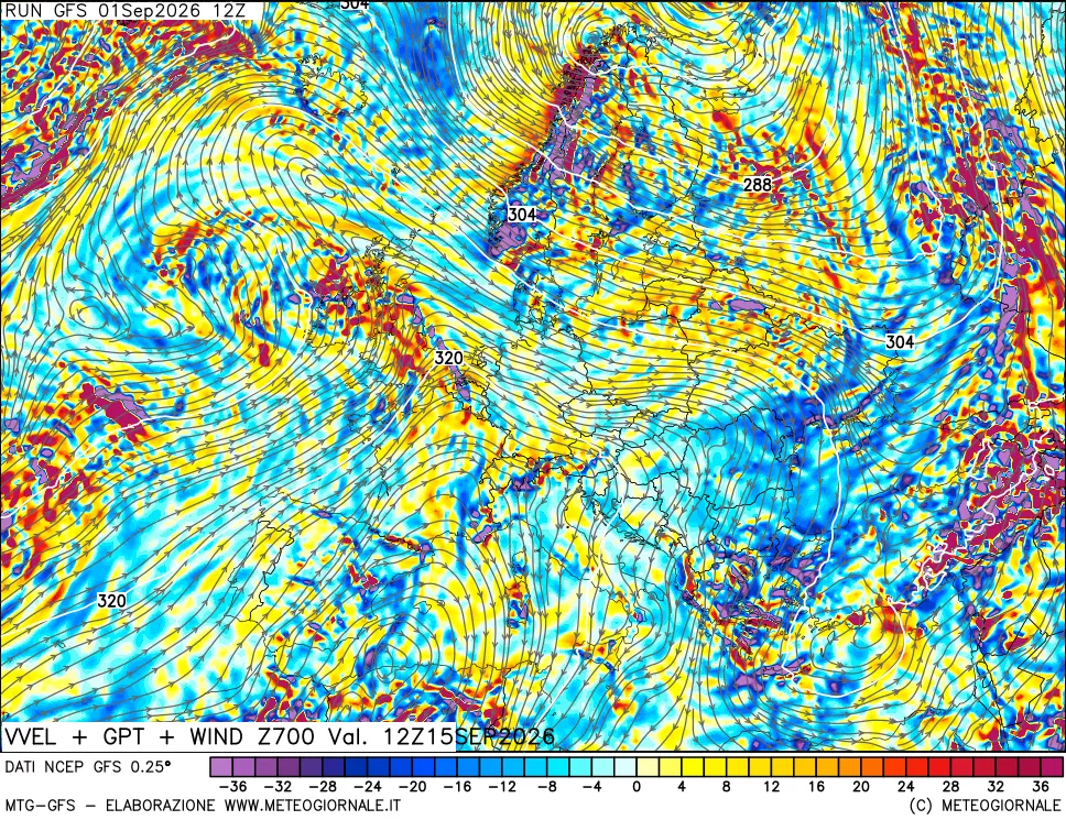 mappa 700 hPa Velocità verticiali + GPT + Vento