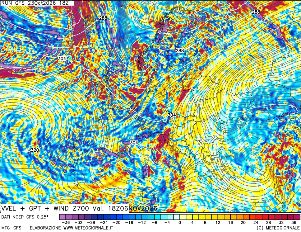 mappa 700 hPa Velocità verticiali + GPT + Vento