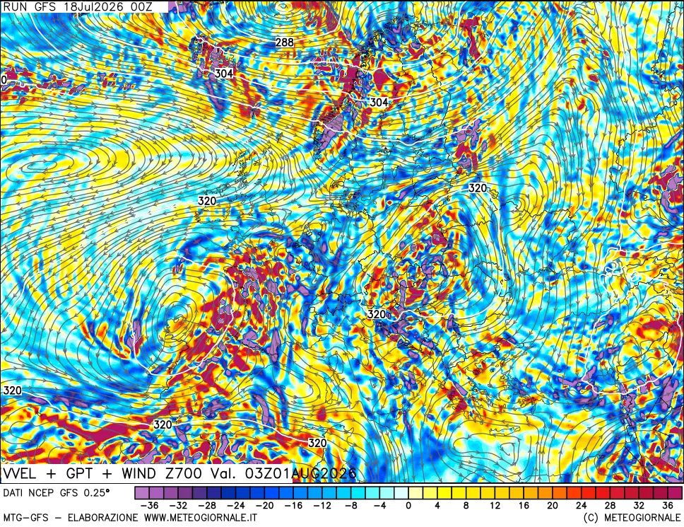 mappa 700 hPa Velocità verticiali + GPT + Vento