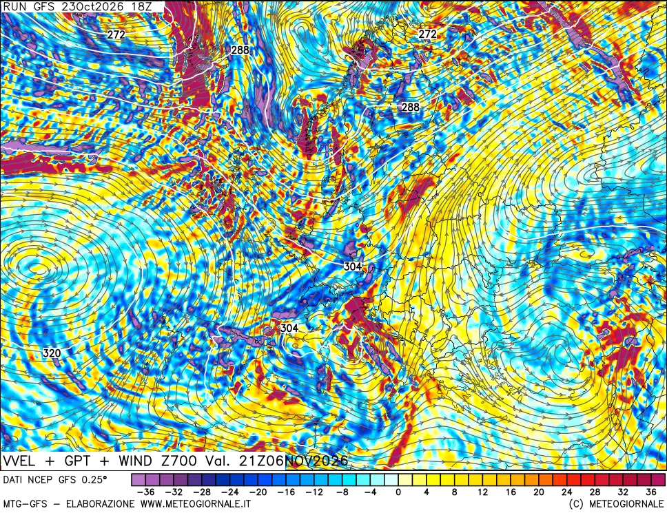 mappa 700 hPa Velocità verticiali + GPT + Vento