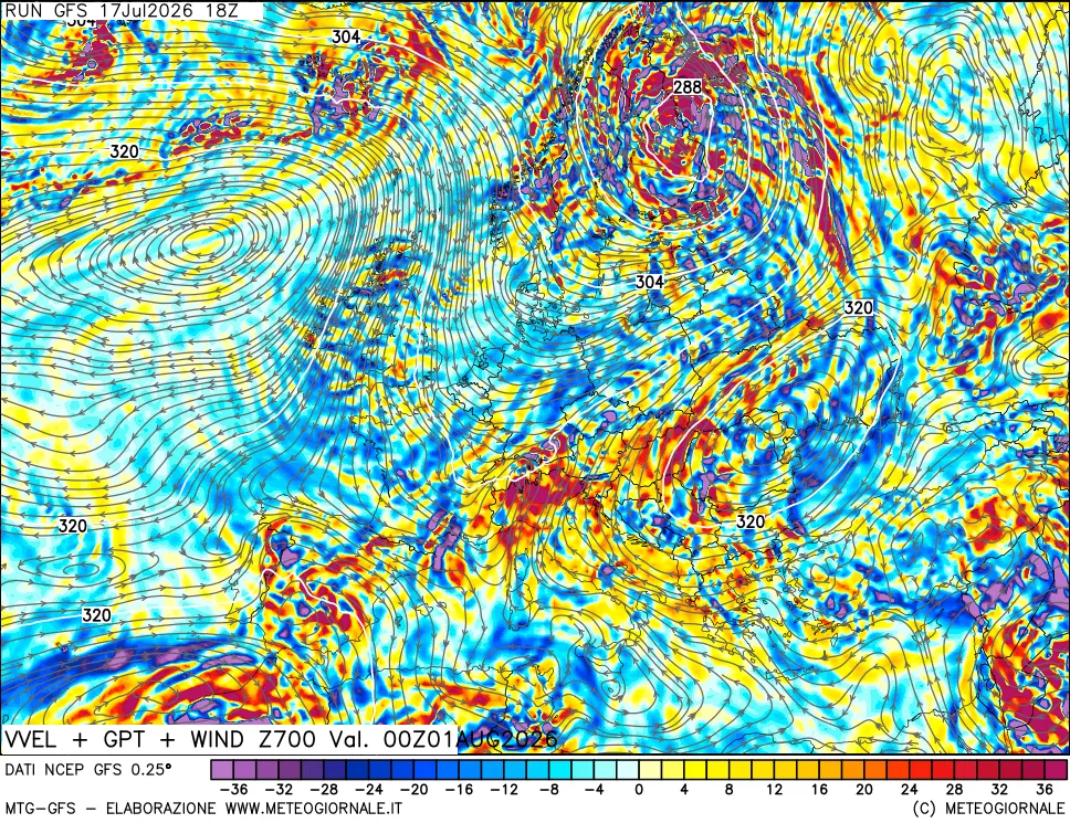 mappa 700 hPa Velocità verticiali + GPT + Vento