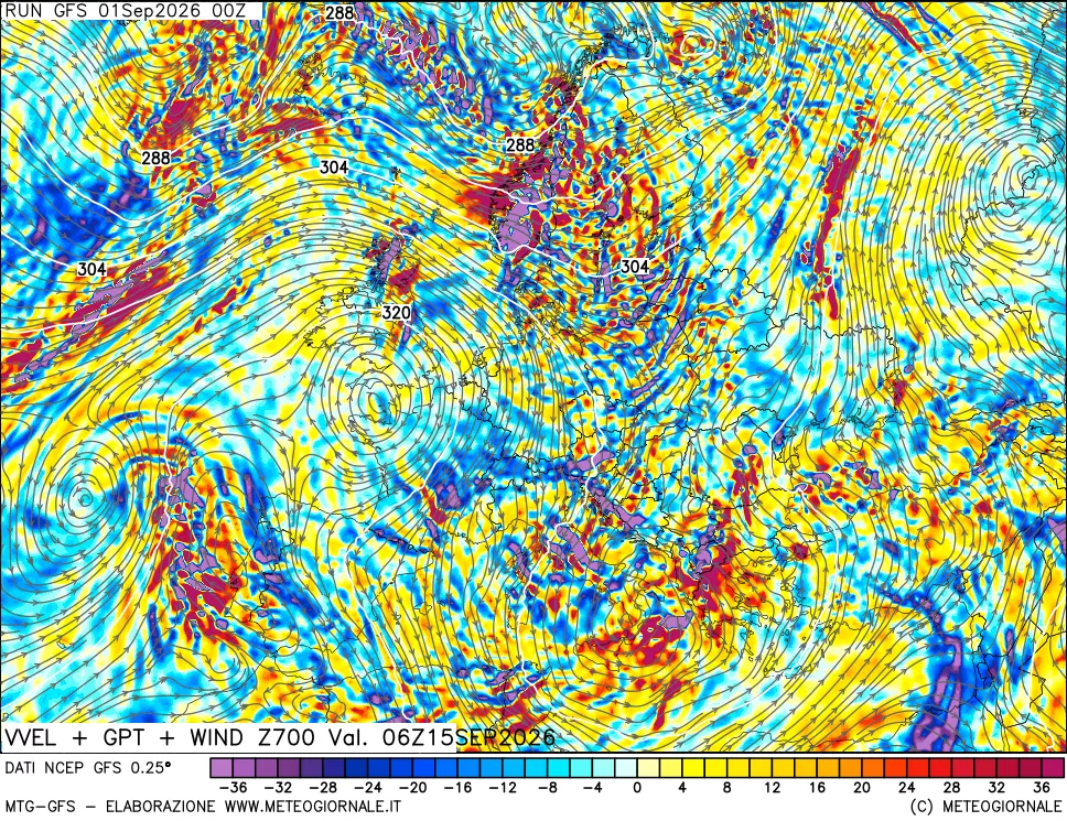 mappa 700 hPa Velocità verticiali + GPT + Vento
