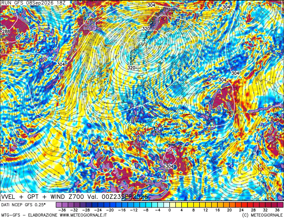 mappa 700 hPa Velocità verticiali + GPT + Vento