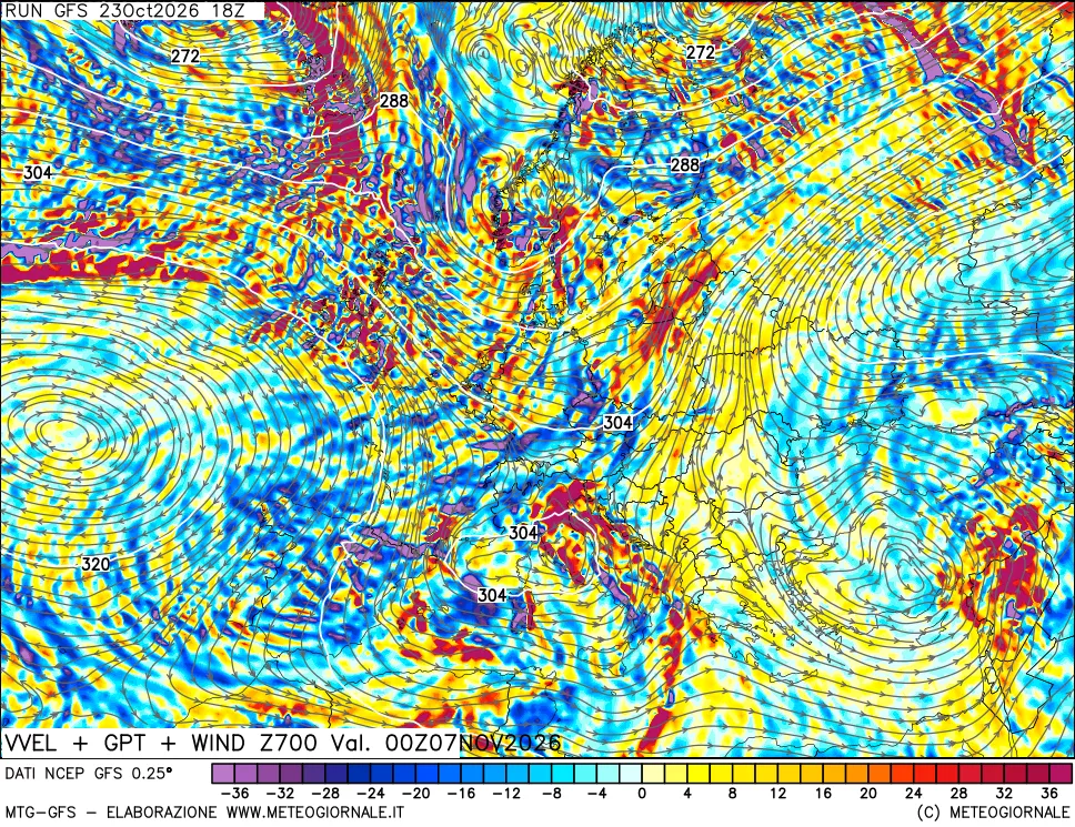 mappa 700 hPa Velocità verticiali + GPT + Vento