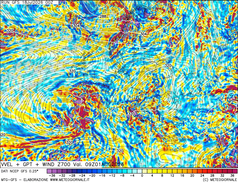 mappa 700 hPa Velocità verticiali + GPT + Vento