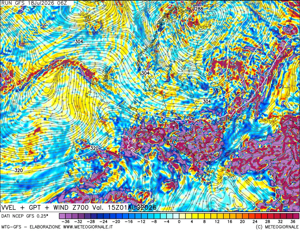 mappa 700 hPa Velocità verticiali + GPT + Vento