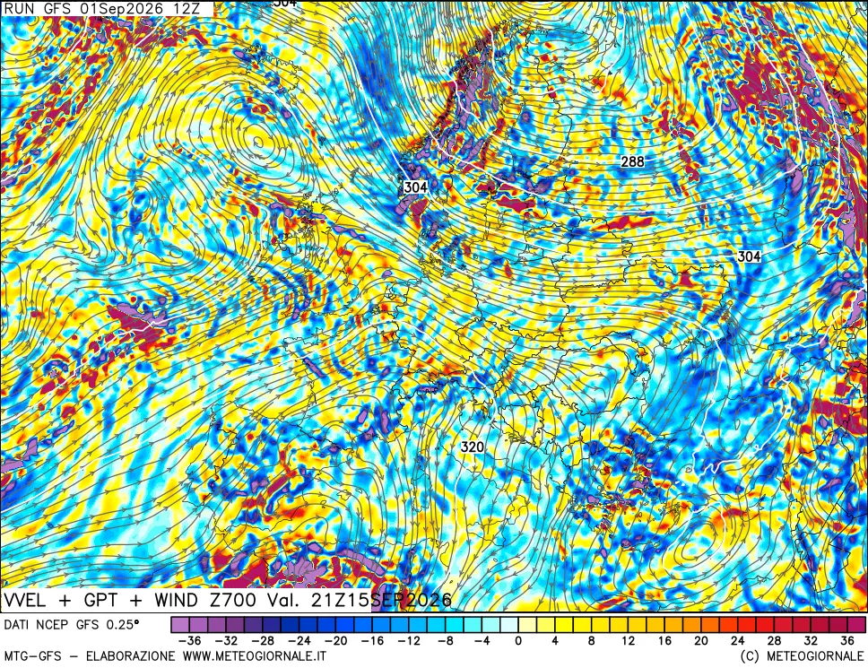mappa 700 hPa Velocità verticiali + GPT + Vento