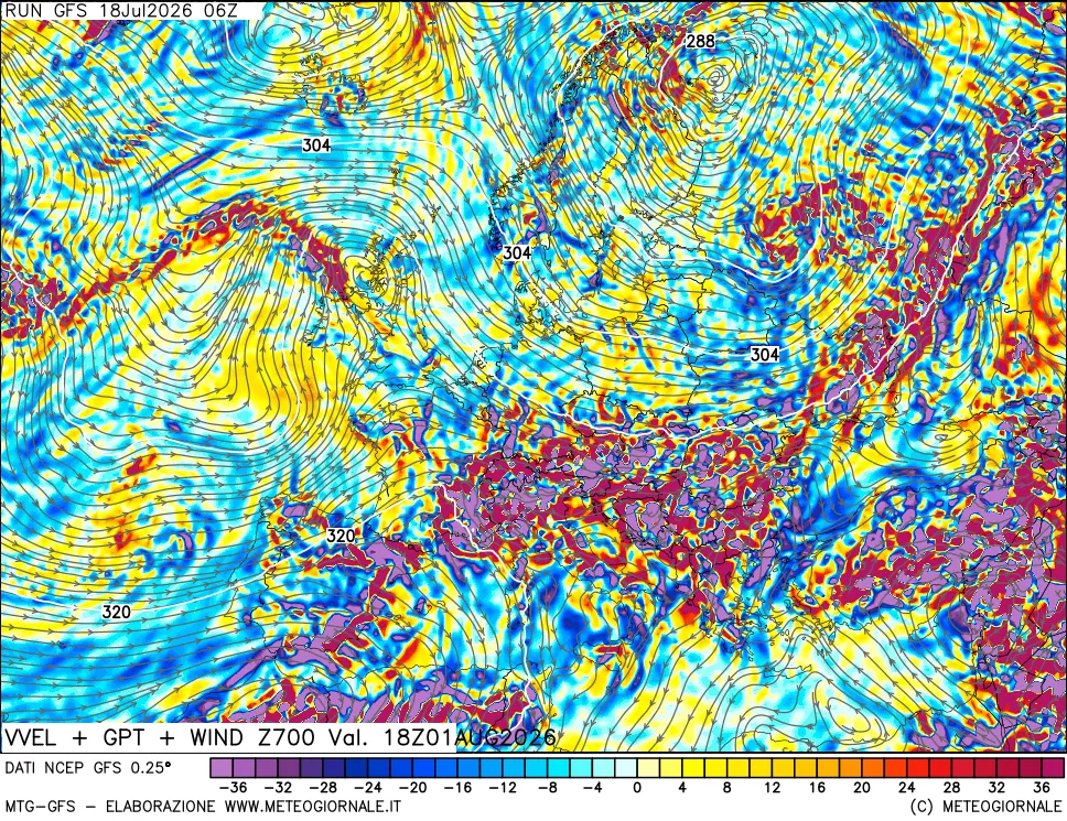 mappa 700 hPa Velocità verticiali + GPT + Vento