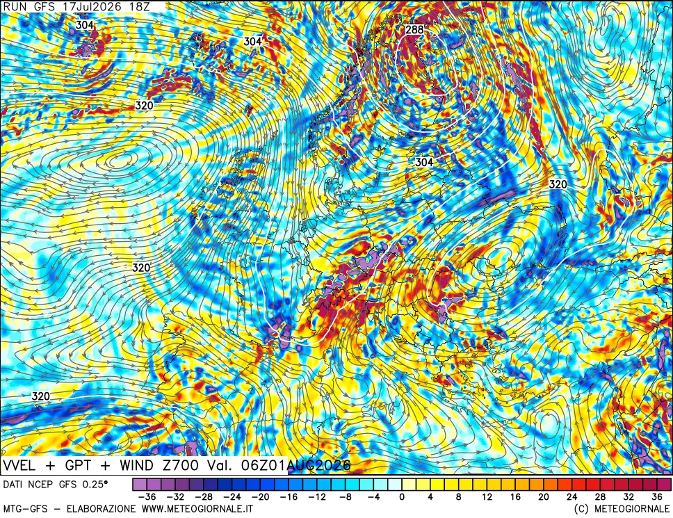 mappa 700 hPa Velocità verticiali + GPT + Vento