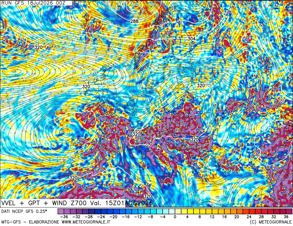 mappa 700 hPa Velocità verticiali + GPT + Vento