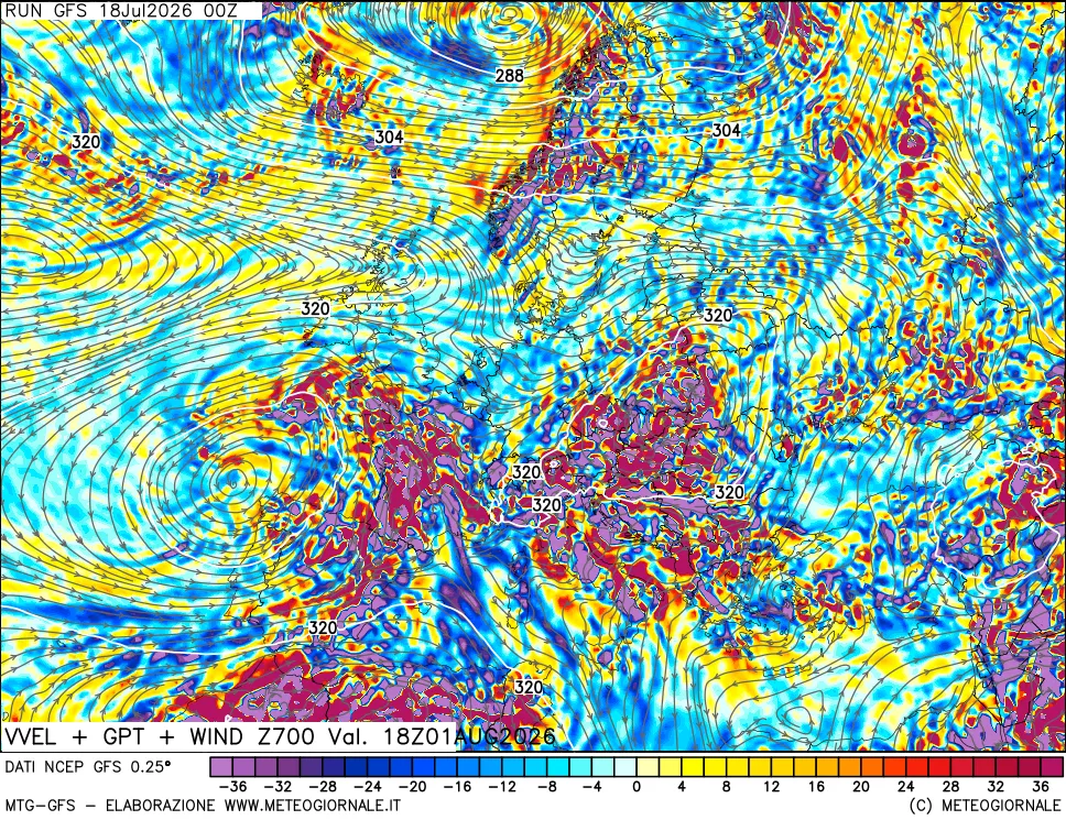 mappa 700 hPa Velocità verticiali + GPT + Vento