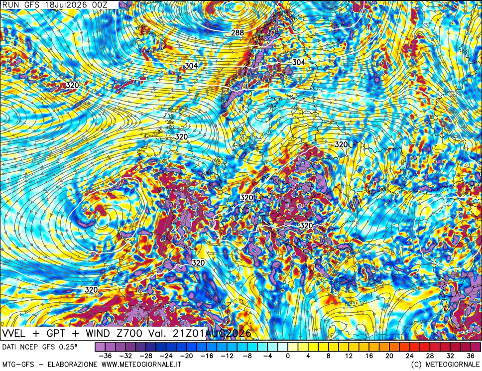 mappa 700 hPa Velocità verticiali + GPT + Vento