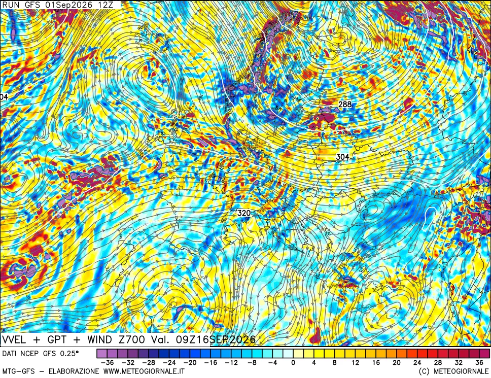 mappa 700 hPa Velocità verticiali + GPT + Vento