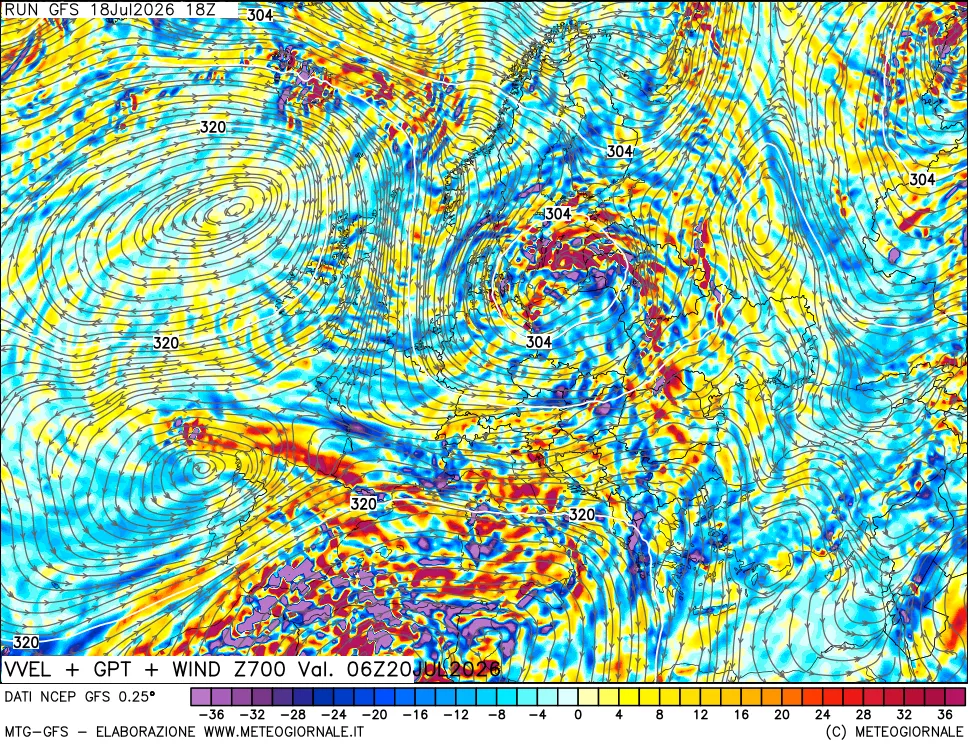 mappa 700 hPa Velocità verticiali + GPT + Vento