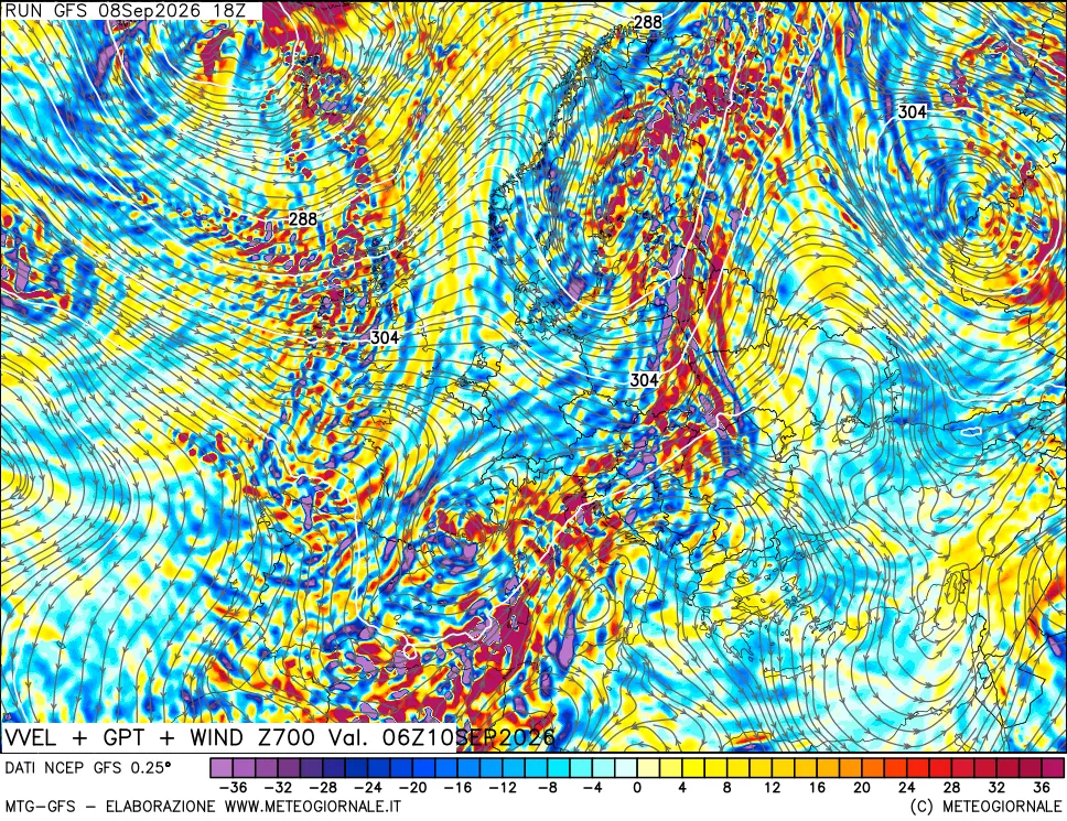 mappa 700 hPa Velocità verticiali + GPT + Vento