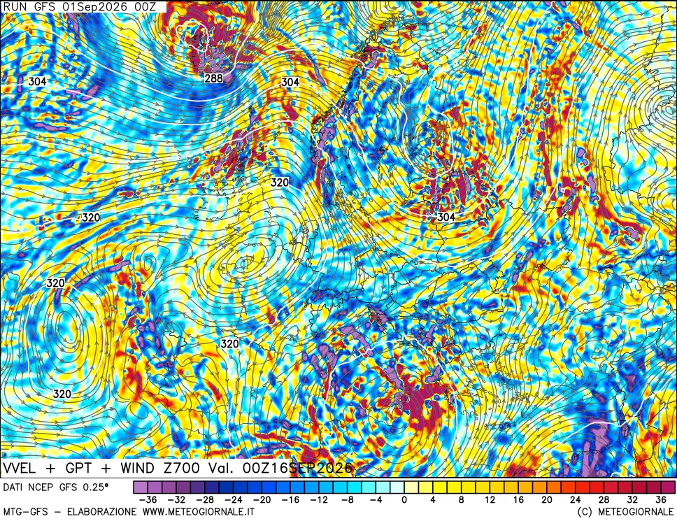 mappa 700 hPa Velocità verticiali + GPT + Vento