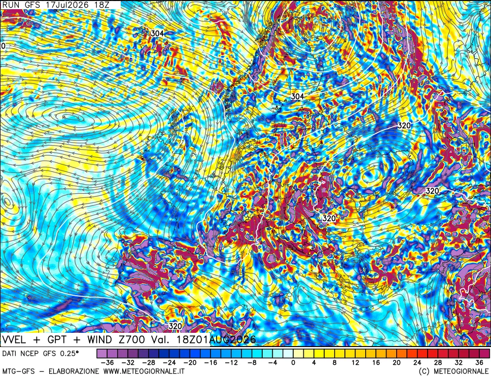 mappa 700 hPa Velocità verticiali + GPT + Vento