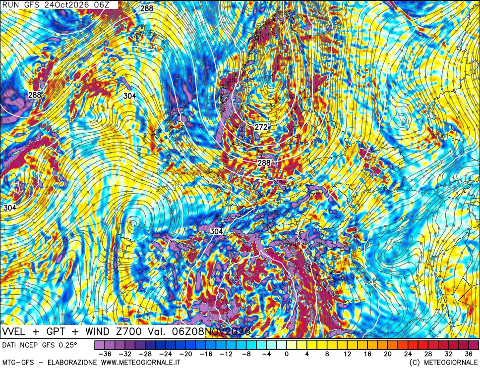 mappa 700 hPa Velocità verticiali + GPT + Vento
