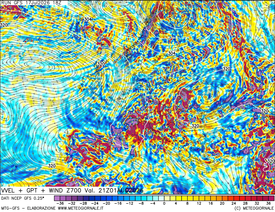 mappa 700 hPa Velocità verticiali + GPT + Vento