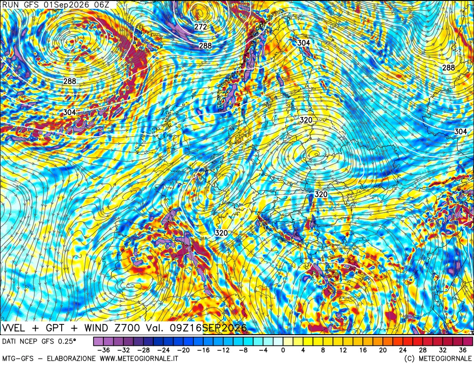 mappa 700 hPa Velocità verticiali + GPT + Vento