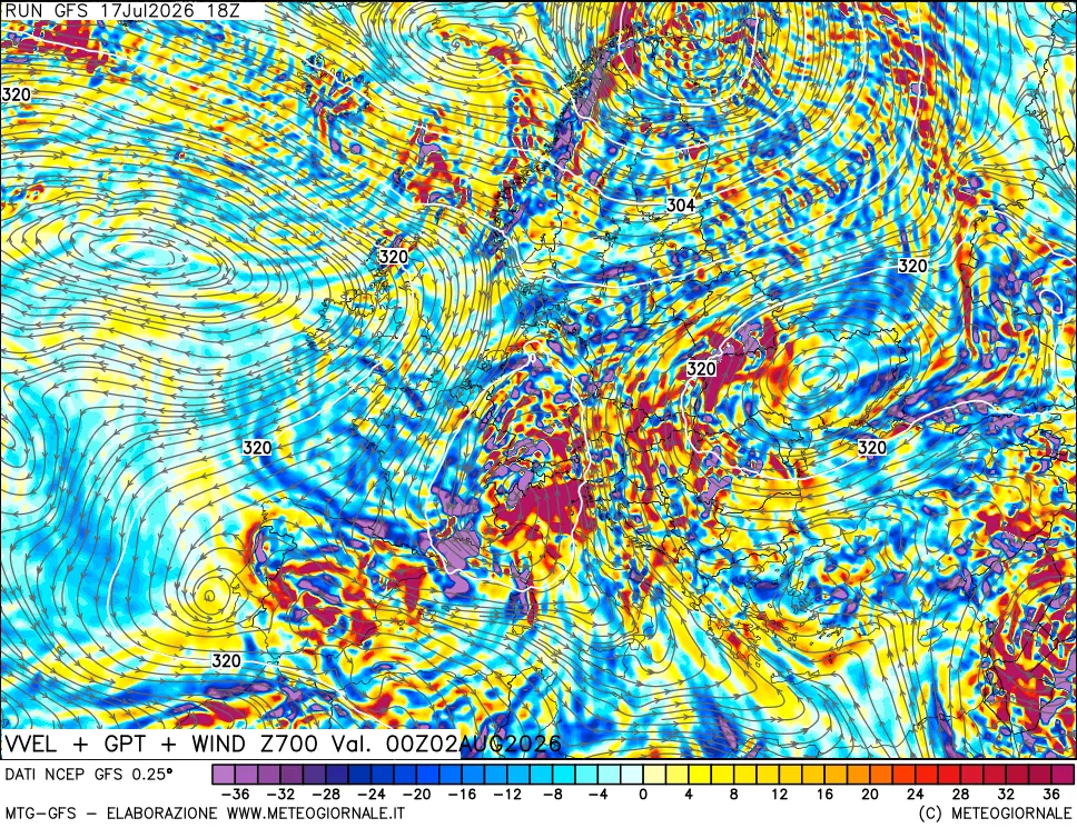 mappa 700 hPa Velocità verticiali + GPT + Vento