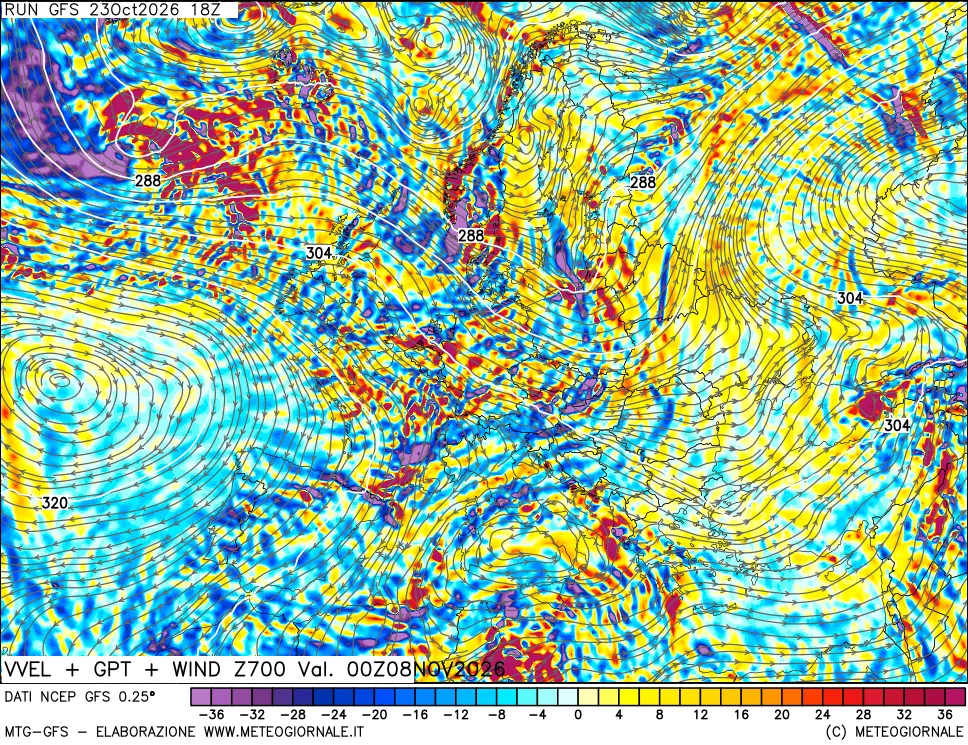 mappa 700 hPa Velocità verticiali + GPT + Vento