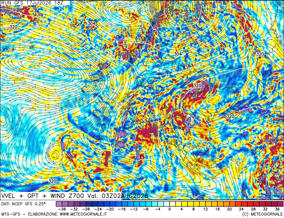 mappa 700 hPa Velocità verticiali + GPT + Vento