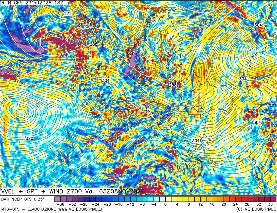 mappa 700 hPa Velocità verticiali + GPT + Vento