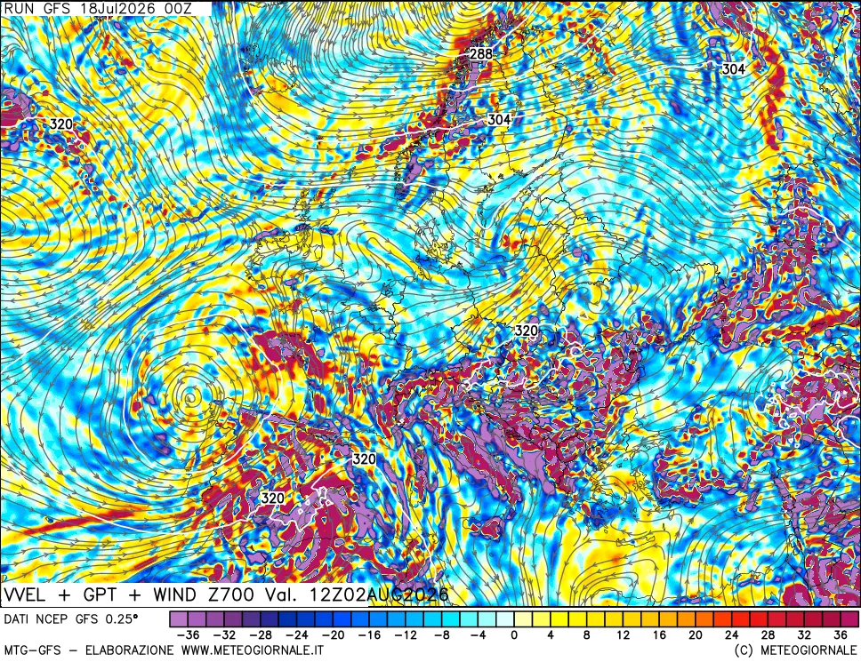 mappa 700 hPa Velocità verticiali + GPT + Vento