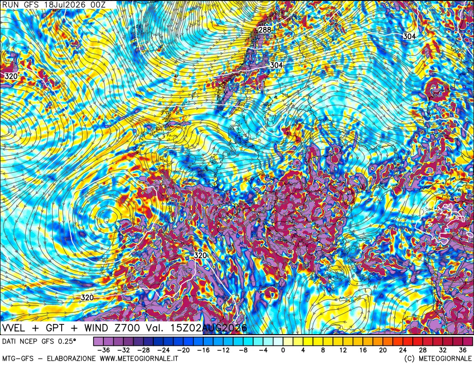 mappa 700 hPa Velocità verticiali + GPT + Vento