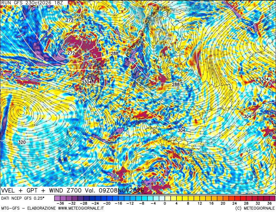 mappa 700 hPa Velocità verticiali + GPT + Vento