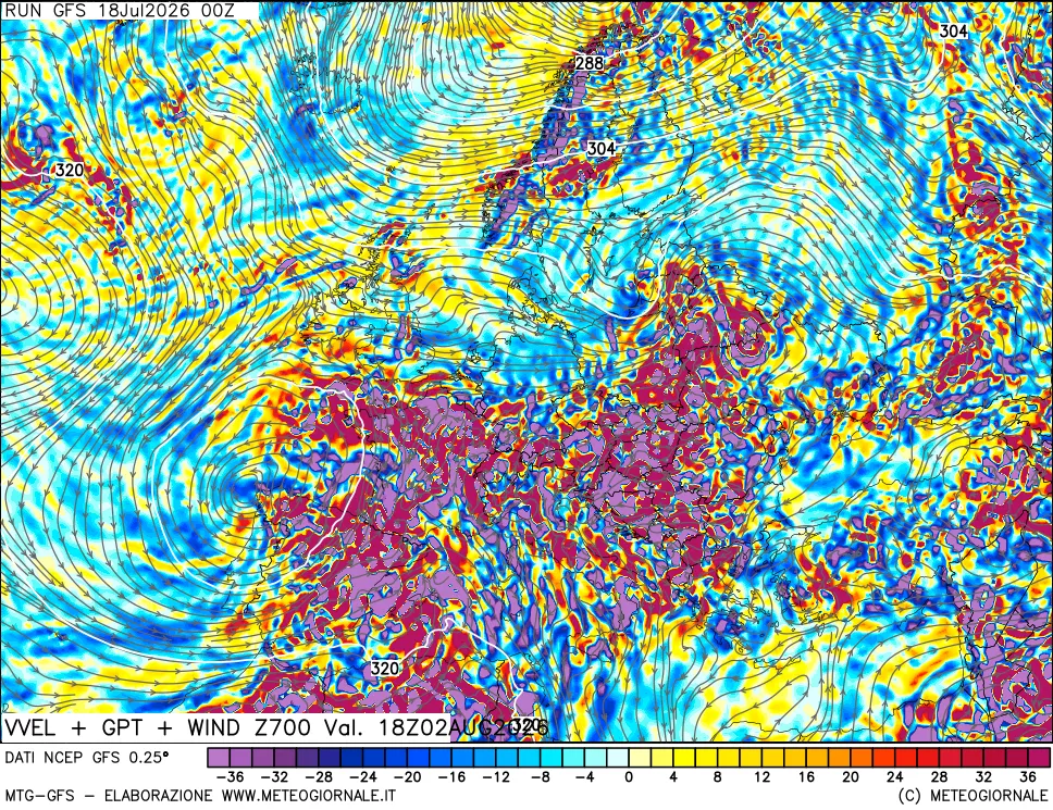 mappa 700 hPa Velocità verticiali + GPT + Vento