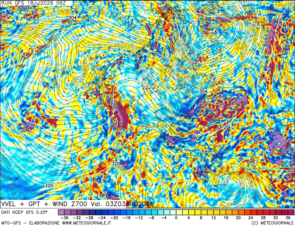mappa 700 hPa Velocità verticiali + GPT + Vento