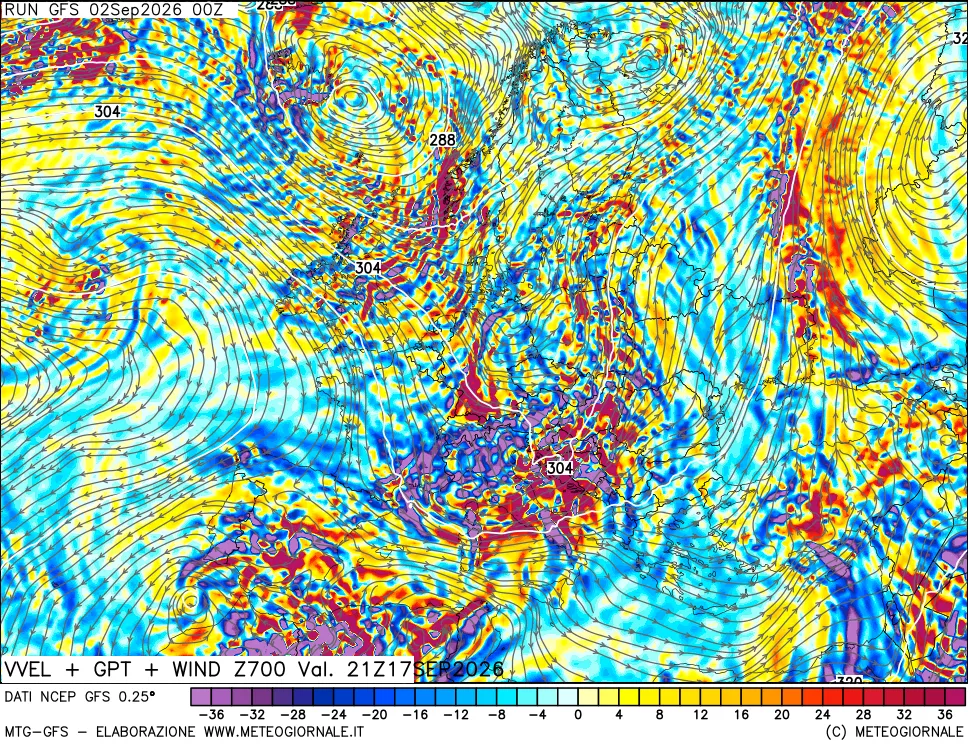 mappa 700 hPa Velocità verticiali + GPT + Vento