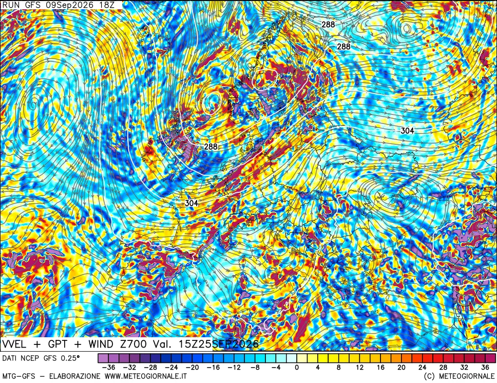 mappa 700 hPa Velocità verticiali + GPT + Vento