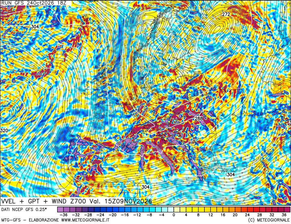 mappa 700 hPa Velocità verticiali + GPT + Vento