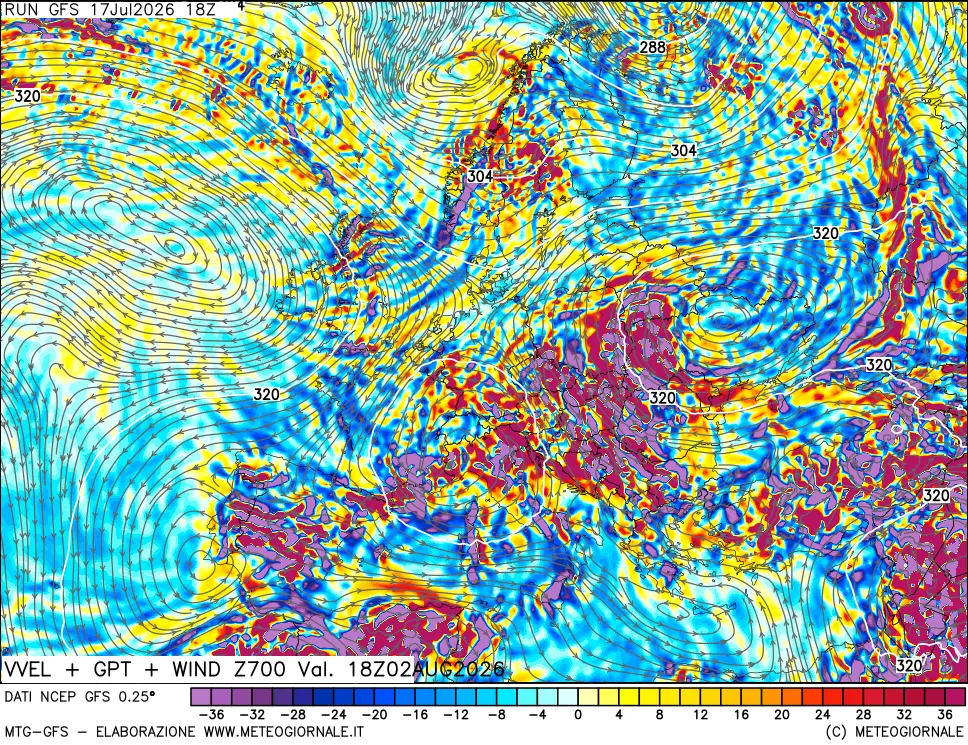 mappa 700 hPa Velocità verticiali + GPT + Vento