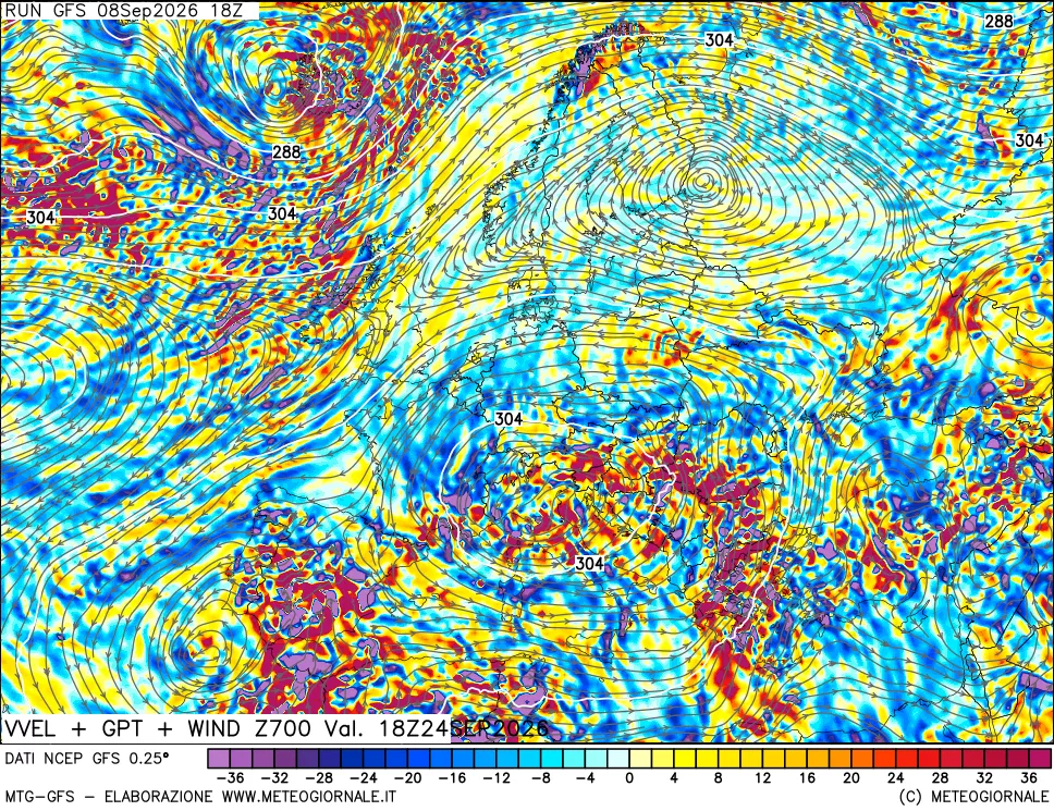 mappa 700 hPa Velocità verticiali + GPT + Vento