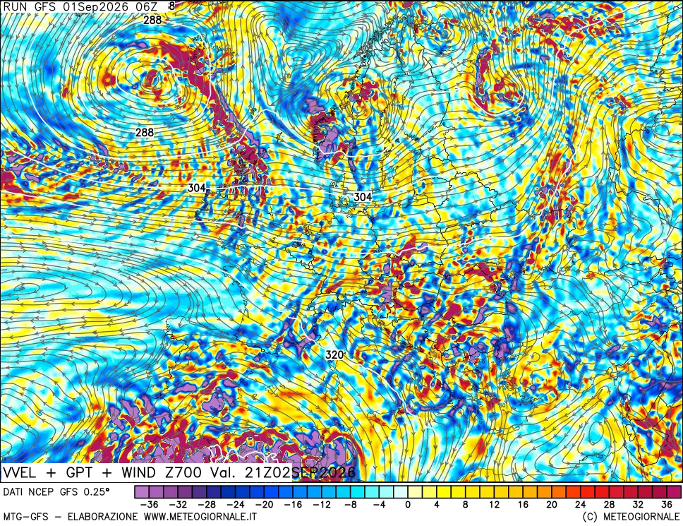 mappa 700 hPa Velocità verticiali + GPT + Vento