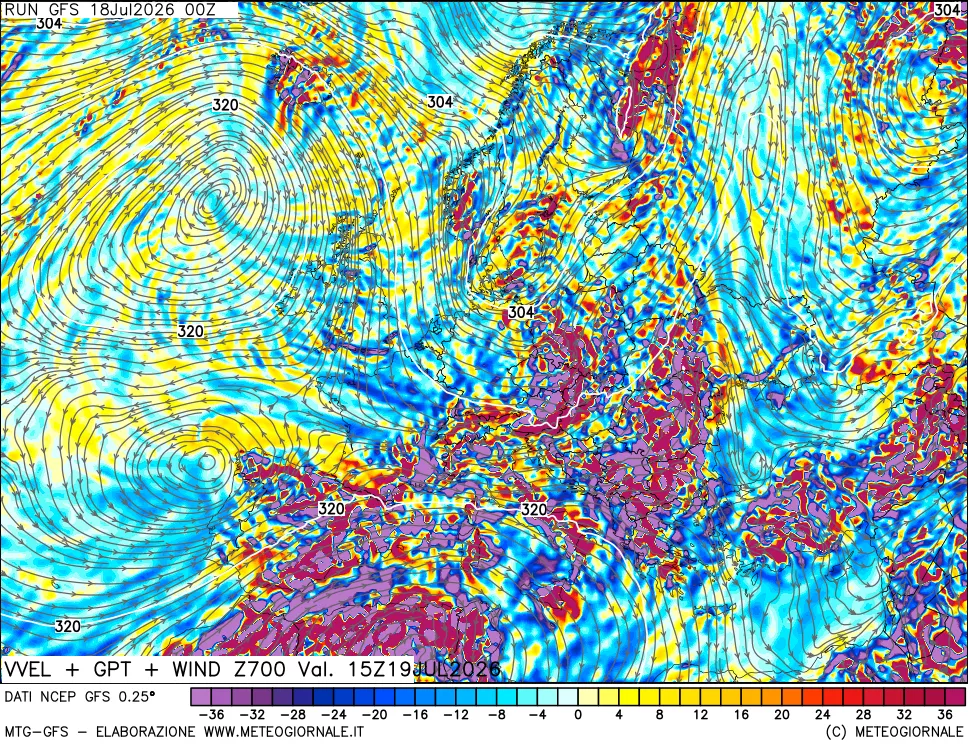 mappa 700 hPa Velocità verticiali + GPT + Vento